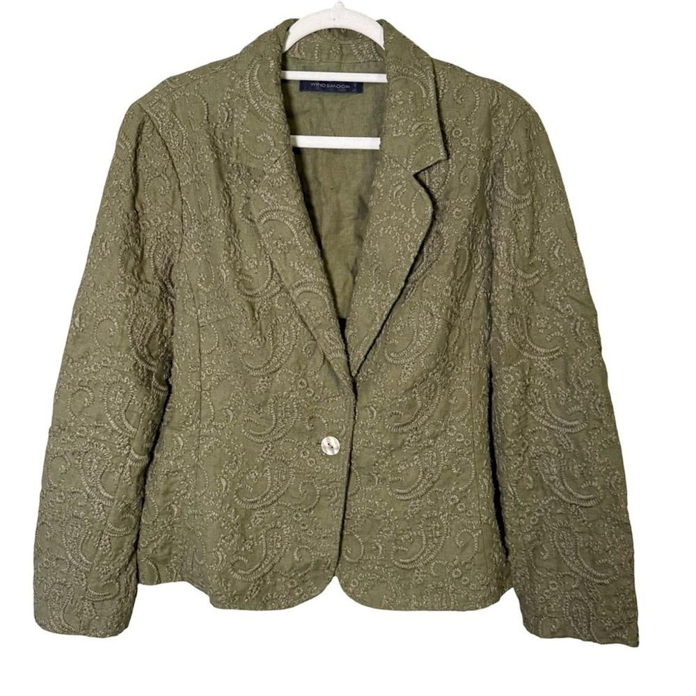 Windsmoor Embroidered Linen Olive Green Paisley Women's Jacket Size 14 Textured